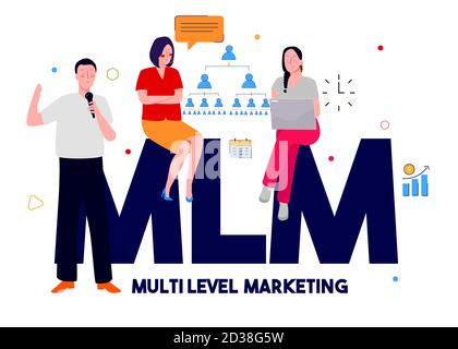 Multi level marketing concept men hold microphone presentation women sit on text MLM with flat color style Stock Vector