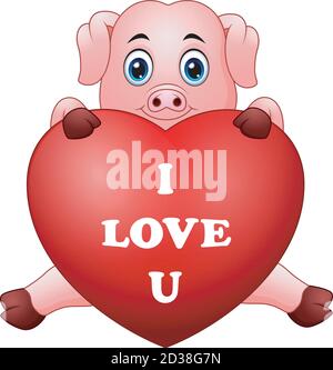 Vector illustration of Cartoon pig holding red heart Stock Vector