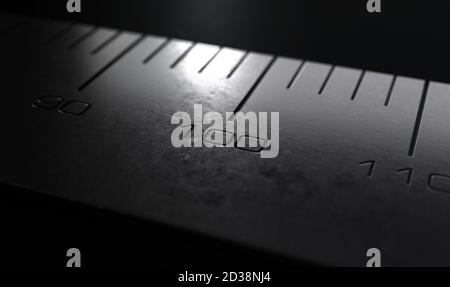 An extreme close up view of the number 100 section of an industrial steel ruler with engraved measurements on a dark moody background - 3D render Stock Photo