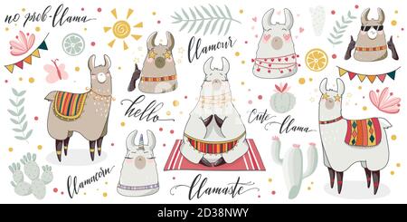 Cute lama and cactus summer illustration set. Alpaca hand drawn cartoon characters with lettering quotes. Vector elements for card and sticker design Stock Vector