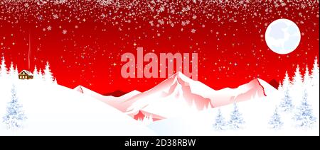 Winter night. Snow, forest, mountains. Shining stars, moon and snowflakes in the night sky. Small house on the mountain. Mountain winter landscape. Re Stock Vector