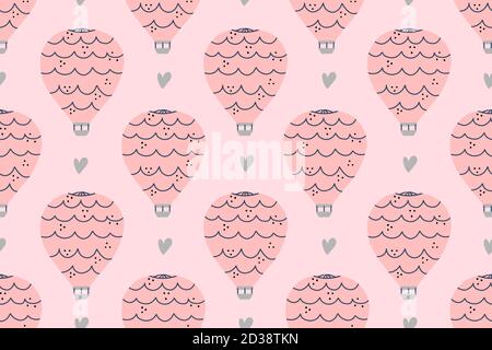 Hot air balloon with heart shape seamless pattern with pink background. Hand drawn Scandinavian style vector illustration with abstract dots. Stock Vector