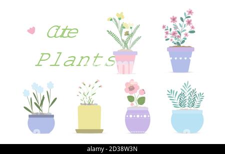 Set of cute vector flower pots for home decor in pastel colors. Flat vector illustration in modern design. Six cute isolated ornamental plants with flowers or large leaves. Image for home interior decoration, postcards, banners, ads. Stock Vector