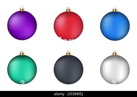 Set of Christmas tree baubles in different colors: violet, red, blue, green, black and white. Realistic 3D vector illustration. Stock Vector