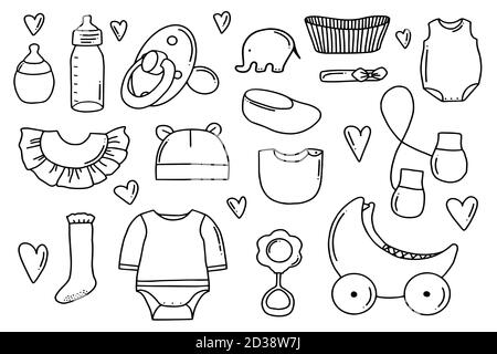 Hand drawn set of icons for babies. Newborn doodles set. Stock Vector