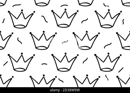 Black crowns isolated on white background with abstract lines around seamless pattern vector illustration for paper, fabric, print or design. Stock Vector