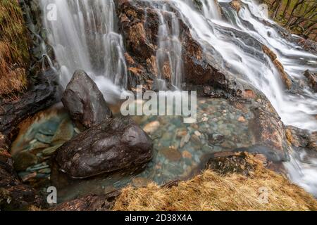 Waterfall along the Watkin Path, Snowdon, Snowdonia, North Wales Stock Photo