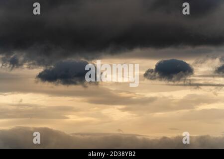 Beautiful dramatic thunderstorm clouds in sky during rain. Dramatic natural cloudiness weather background meteorology landscape Stock Photo