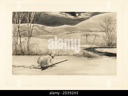 English gentleman in nightshirt crawling on a frozen riverbank to hunt ducks in the moonlight. Mytton wild duck hunting. Chromolithographic facsimile of an illustration by Henry Thomas Alken from Memoirs of the Life of the Late John Mytton by Nimrod aka Charles James Apperley, Kegan Paul, London, 1900. Stock Photo