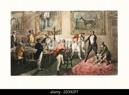 Drunken gentleman lifting a dog by its nose to stop a dog fight getting bloody. Blood sport between a Spanish bulldog and a mastiff in the dining room of Halston House. Blood and the bulldog. Chromolithographic facsimile of an illustration by Henry Thomas Alken from Memoirs of the Life of the Late John Mytton by Nimrod aka Charles James Apperley, Kegan Paul, London, 1900. Stock Photo