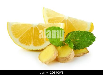 lemon, ginger and mint isolated on white background Stock Photo