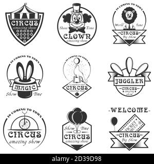Vector set of circus isolated labels, logo and emblems. Black and white circus symbols and design elements. Stock Vector