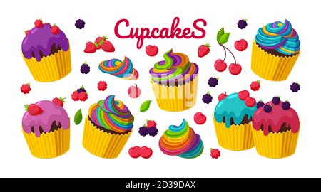 Cupcakes and berries in big creamy set. Cupcakes with colorful rainbow frostings. Vector illustration for bakeries in cartoon style Stock Vector