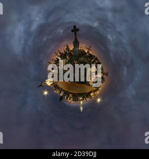 little planet transformation of spherical panorama 360 degrees. Spherical abstract aerial view on cemetery near graves. Curvature of space. Stock Photo