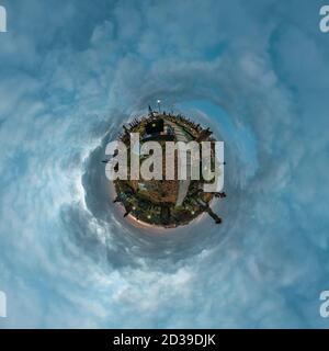 little planet transformation of spherical panorama 360 degrees. Spherical abstract aerial view on cemetery near graves. Curvature of space. Stock Photo