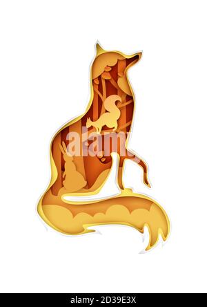Fox silhouette with nature, wild animals inside, vector illustration in paper art style. Save animals. Multiple exposure Stock Vector