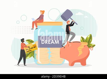 Giant glass jar, piggy bank with gold coins, tiny people collecting money to fulfill the dream, flat vector illustration Stock Vector