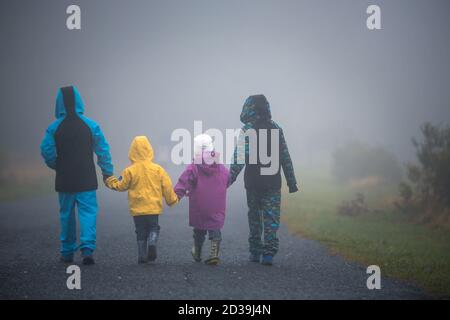 Four children, siblings boys and girl, walking on a rural path on a foggy autumn day together Stock Photo