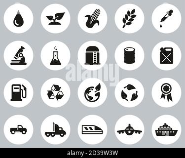 Bio Fuel Icons Black & White Flat Design Circle Set Big Stock Vector