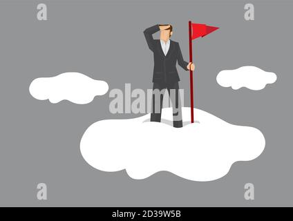 Cartoon businessman standing on cloud with hand holding a red flag and shielding eyes looking far. Vector illustration on metaphor for far-sighted vis Stock Vector