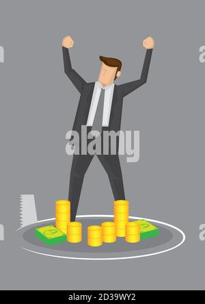 Cartoon business executive standing in front of a pile of money, feeling rich and powerful, oblivious of a saw cutting a hole beneath him. Creative ve Stock Vector