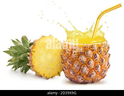 drinking straw in a pineapple splashing on white background Stock Photo