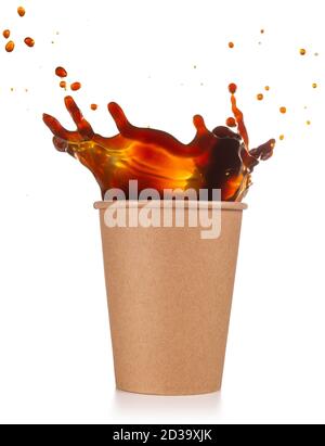 coffee splashing out of a disposable cup isolated on white Stock Photo