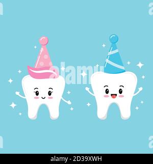 Cute tooth in birthday party hats boy and girl vector set isolated on background. Stock Vector
