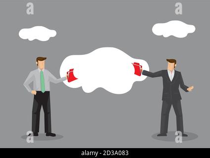 Cartoon business people using cloud technology to send and receive files. Vector business illustration on file sharing technology metaphor isolated on Stock Vector