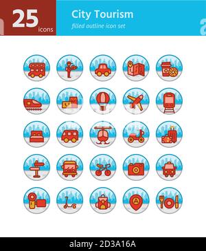 City Tourism filled outline icon set. Vector and Illustration. Stock Vector