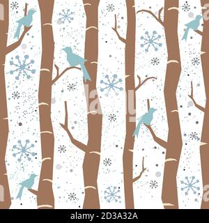 Seamless Tree Pattern with big birds and snowflakes. Winter Design. Vector Illustration. Stock Vector