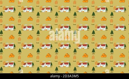 Autumn seamless pattern with grass, two types of trees, farm house and halloween pumpkins Stock Vector
