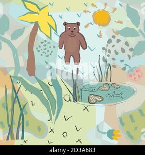 Cute Seamless Pattern with funny bear and fish pond. Unique Childish Design. Vector Illustration. Stock Vector