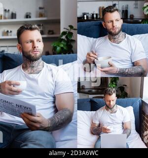 collage of young tattooed freelancer having breakfast, reading newspaper, holding cup of coffee and using laptop in bedroom Stock Photo