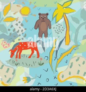 Funny Seamless Pattern with horse and bear. Creative Design. Vector Illustration. Stock Vector