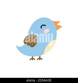 Cute singing blue bird. Funny character isolated element Stock Vector