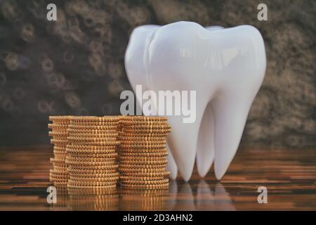 Big tooth with a stack of golden coins. Concept expensive dentistry or dental insurance, 3d  illustration Stock Photo