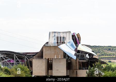 Elciego, Spain - 6 August 2020: Winery of Marques de Riscal in Alava, Basque Country. The futuristic building and luxury hotel was designed by famous Stock Photo