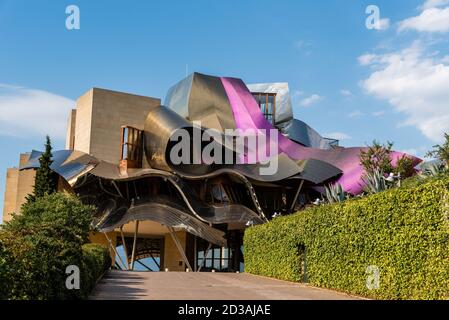 Elciego, Spain - 6 August 2020: Winery of Marques de Riscal in Alava, Basque Country. The futuristic building and luxury hotel was designed by famous Stock Photo