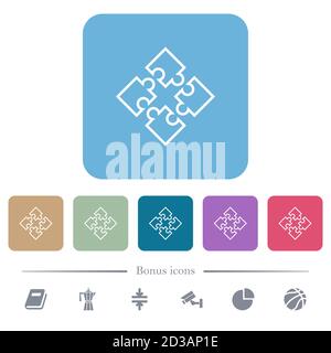 Puzzle pieces white flat icons on color rounded square backgrounds. 6 bonus icons included Stock Vector