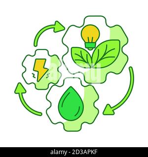 Clean energy cycle concept gear lightning light bulb leaf water drop white isolated background with green theme flat outline style Stock Vector