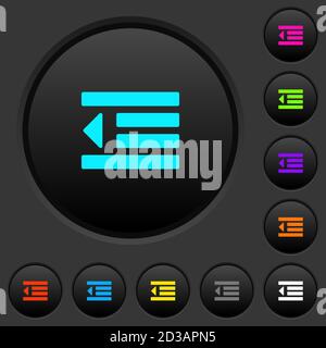 Decrease text indentation dark push buttons with vivid color icons on dark grey background Stock Vector