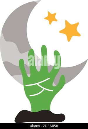 death hand out with crescent month flat style icon vector illustration design Stock Vector