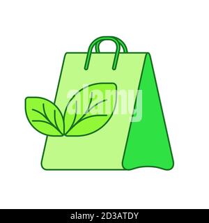 Eco bag concept shopping paper bag leaf white isolated background with green theme flat outline style Stock Vector