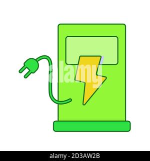 Electric charge concept lightning on recharge power terminal white isolated background with green theme flat outline style Stock Vector