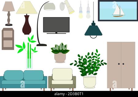 A set of items for the interior. Vector set of separate items. Stock Vector
