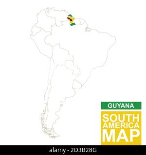 South America contoured map with highlighted Guyana. Guyana map and flag on South America map. Vector Illustration. Stock Vector