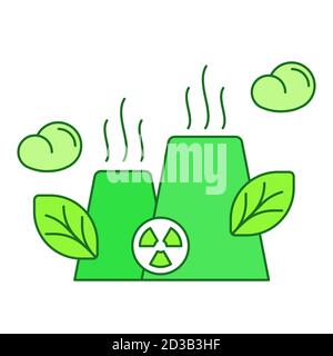 Clean nuclear energy concept pipe power station factory reactor leaf white isolated background with green theme flat outline style Stock Vector