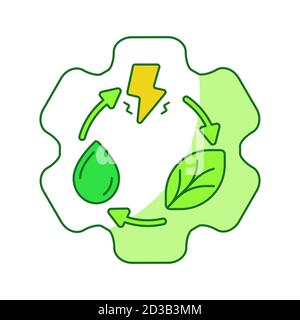 Renewable energy concept gear lightning leaf drop water recycle white isolated background with green theme flat outline style Stock Vector