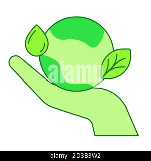 Save the earth concept hand hold earth leaf drop water white isolated background with green theme flat outline style Stock Vector
